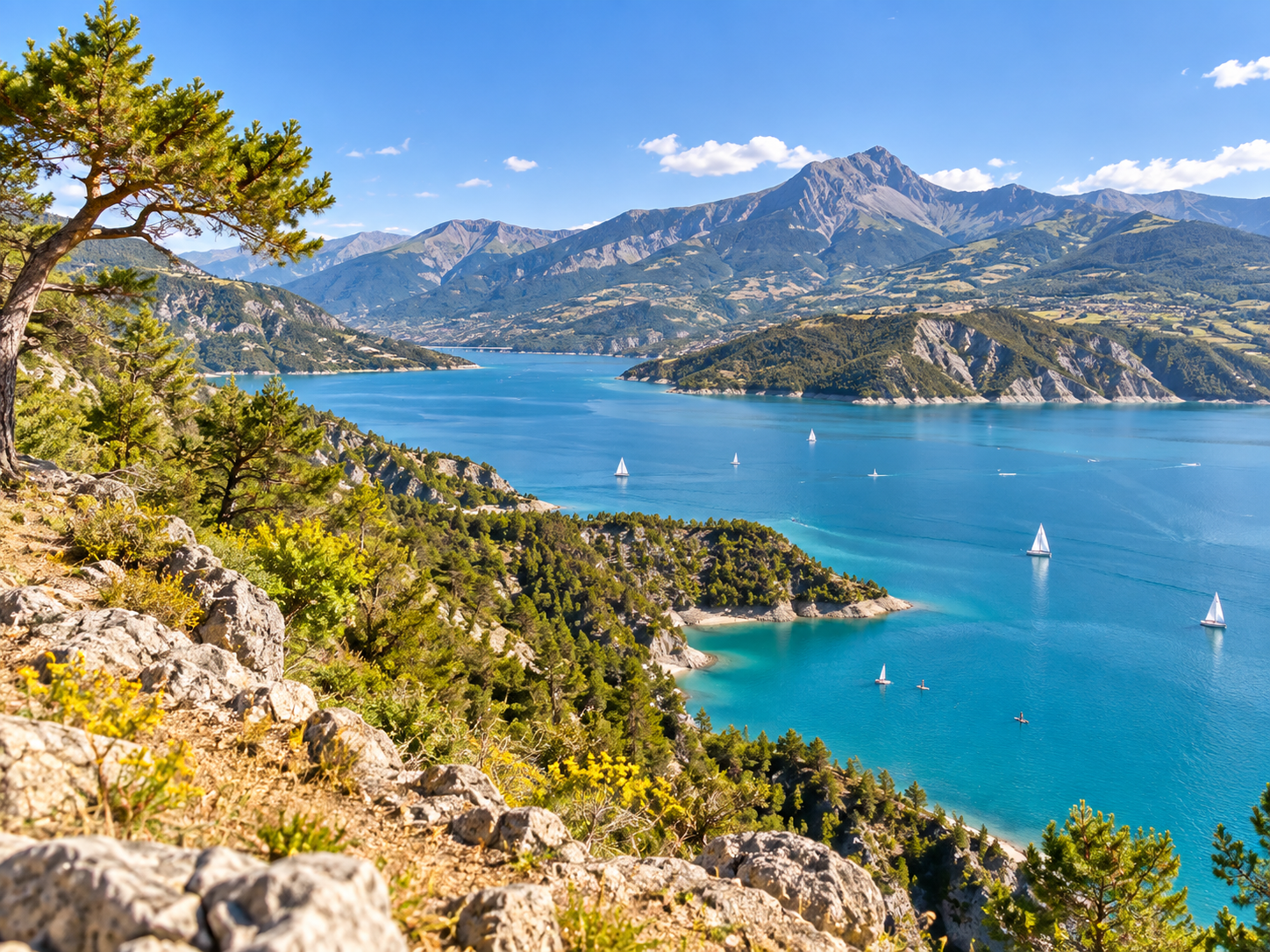 Lake Serre-Ponçon with sailboats and mountains in summer