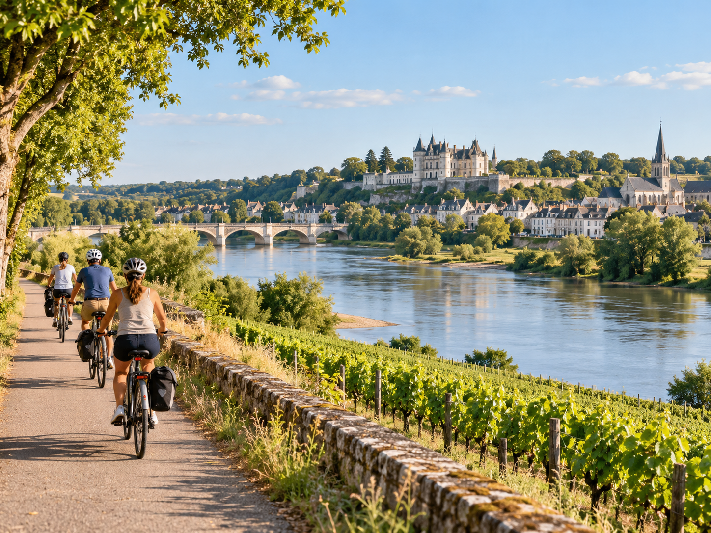 Cyclists riding along the Loire à Vélo route beside the Loire River