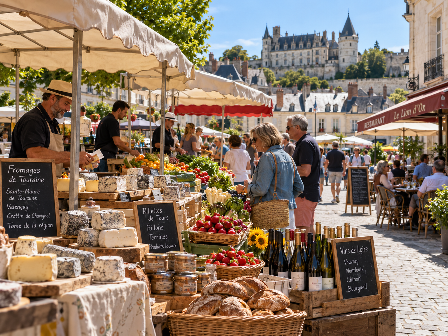 Local food market in the Loire Valley with cheeses, produce and regional wines