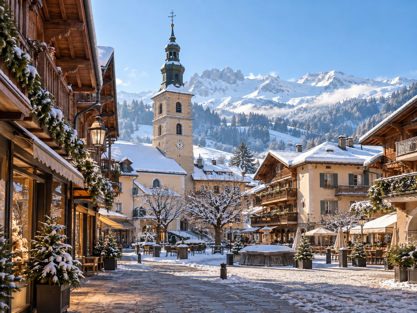 Winter view of Val d’Isère, with traditional stone and wooden chalets, the village church and high Alpine peaks in the Haute Tarentaise.