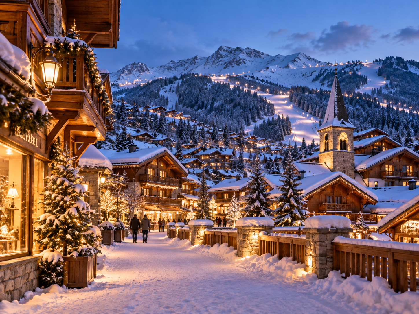 Méribel village illuminated at winter dusk in the French Alps
