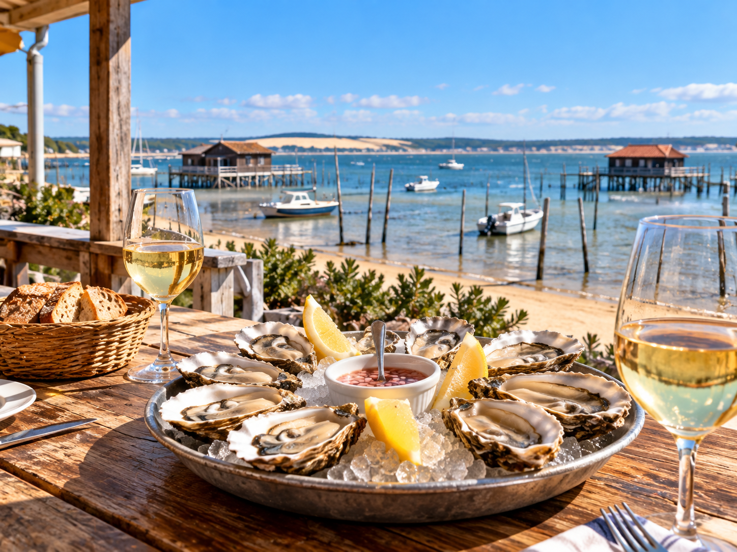 Fresh oysters and white wine overlooking Arcachon Bay near Cap Ferret