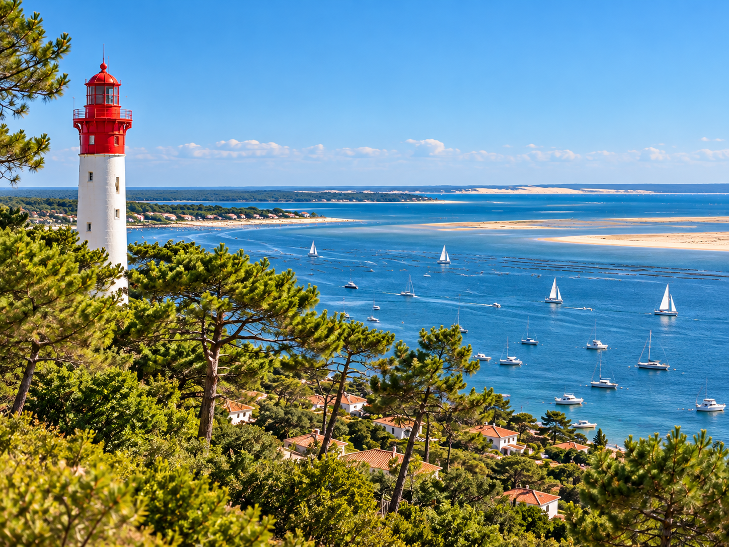 Cap Ferret lighthouse overlooking Arcachon Bay in summer
