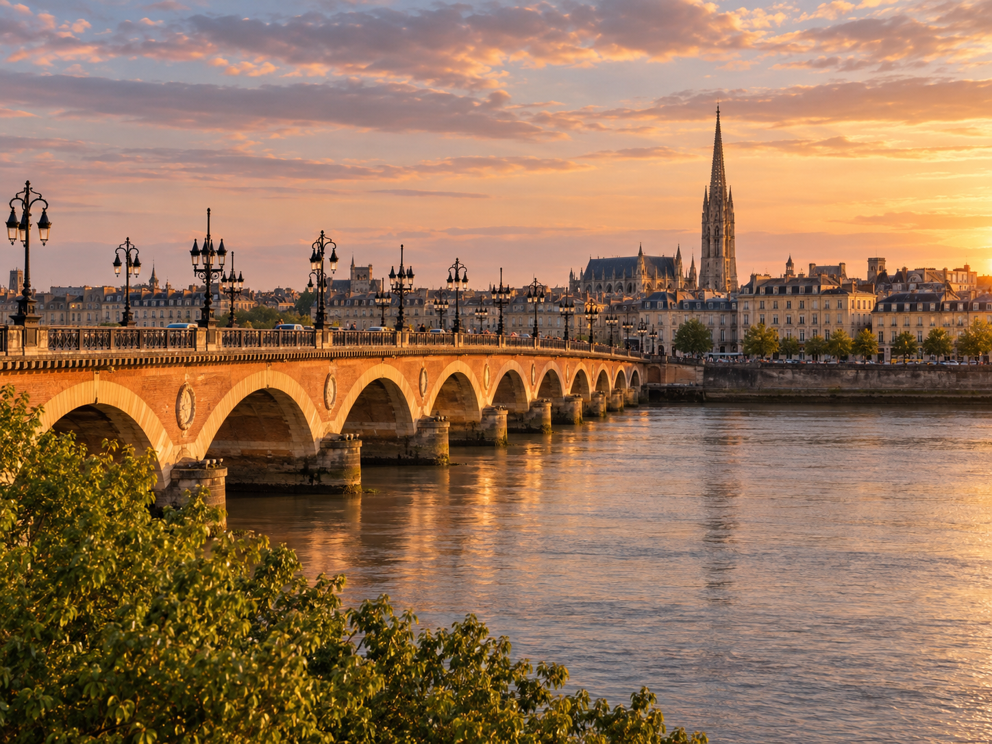 Pont de Pierre over the Garonne River in Bordeaux at sunset