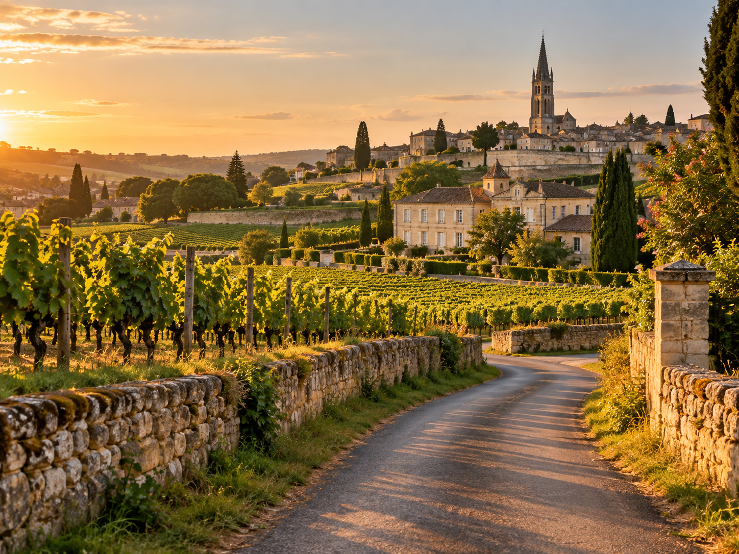 Vineyard road leading toward Saint-Émilion at golden hour