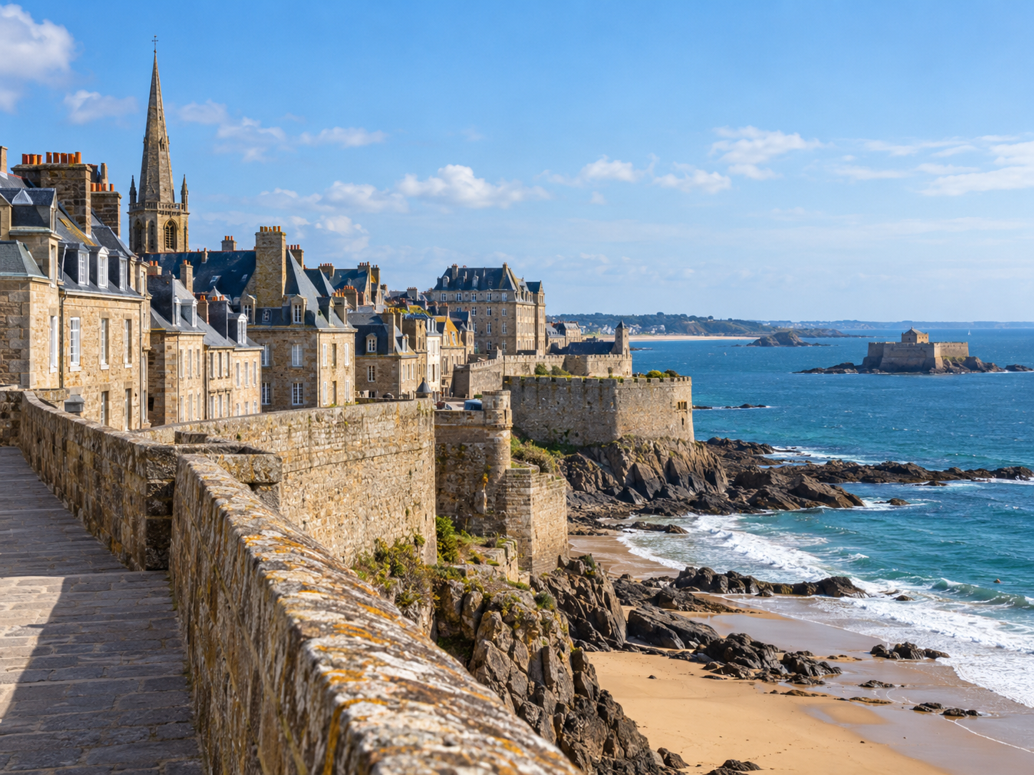 Saint-Malo ramparts overlooking the sea and historic old town in Brittany