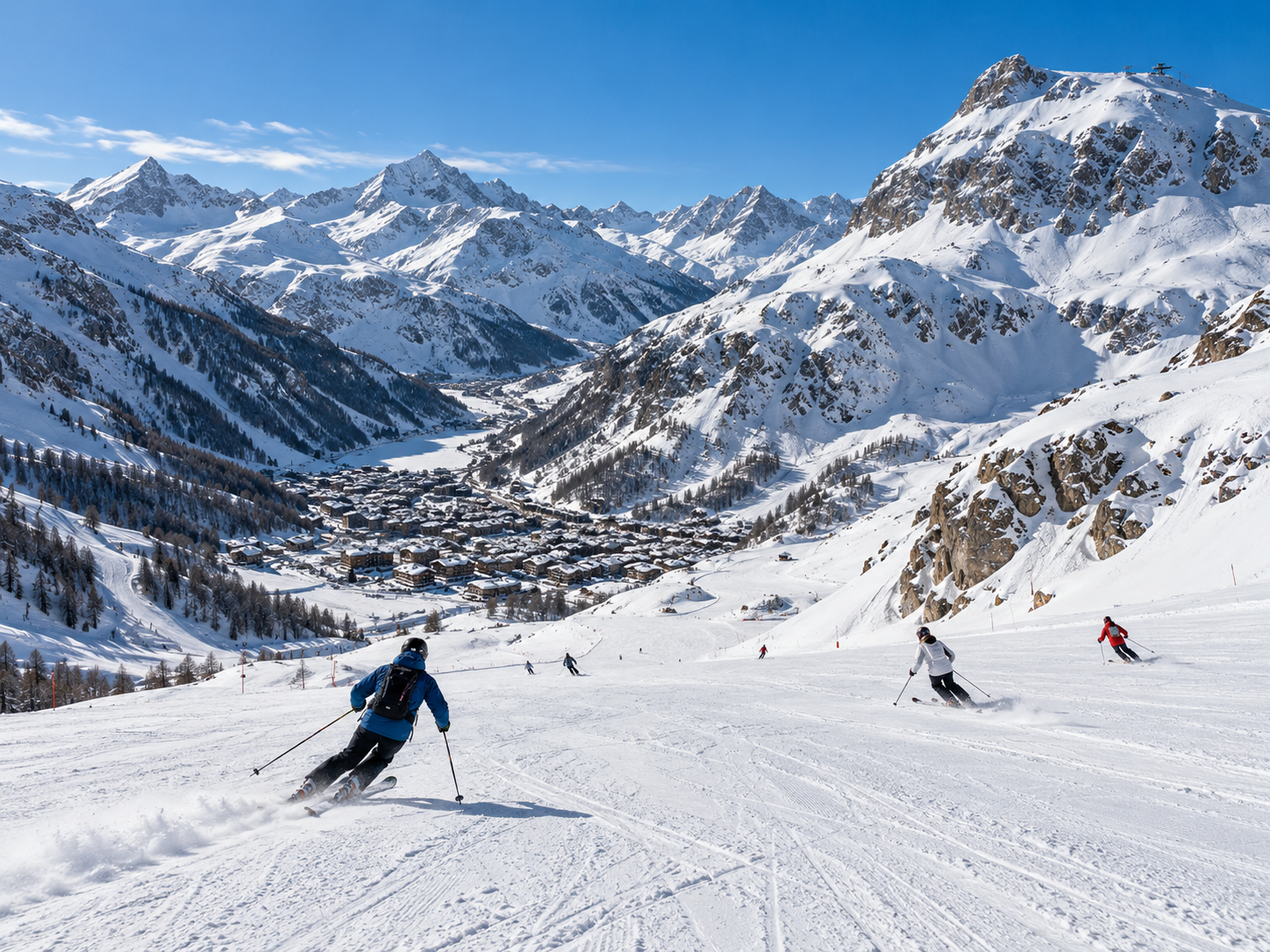 Skiers descending a panoramic slope above a snowy Alpine village in the French Alps