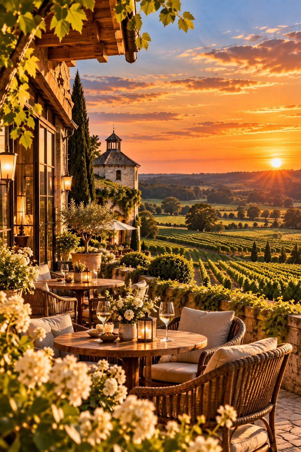 Terrace overlooking vineyards at Les Sources de Caudalie in Martillac