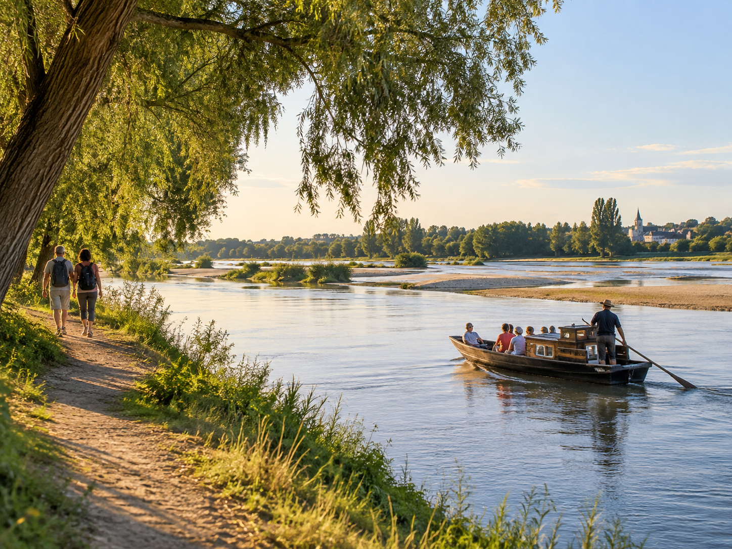 Traditional boat and walkers along the Loire River in France