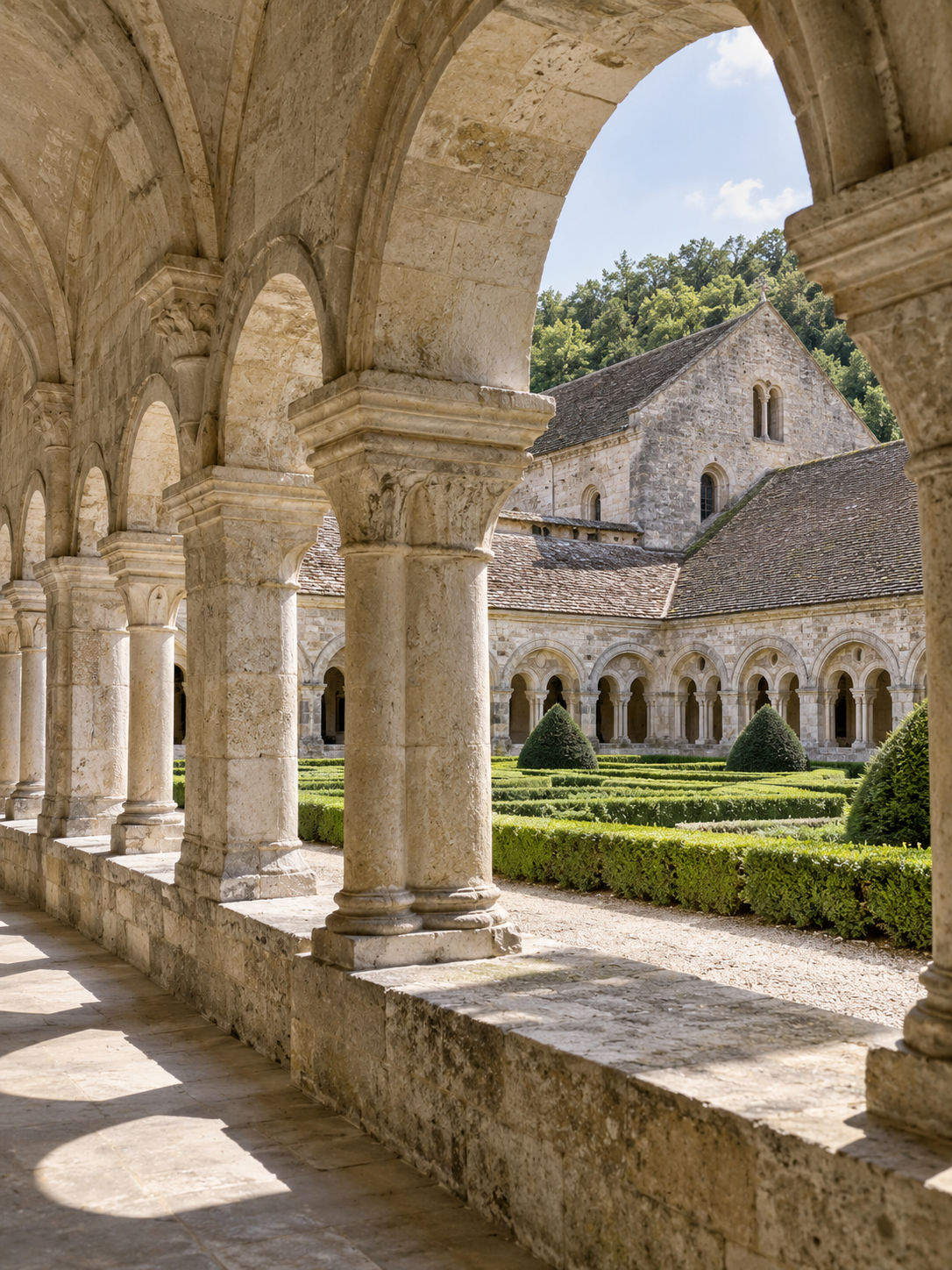 Romanesque cloister and garden at Abbaye de Fontenay in Burgundy, France