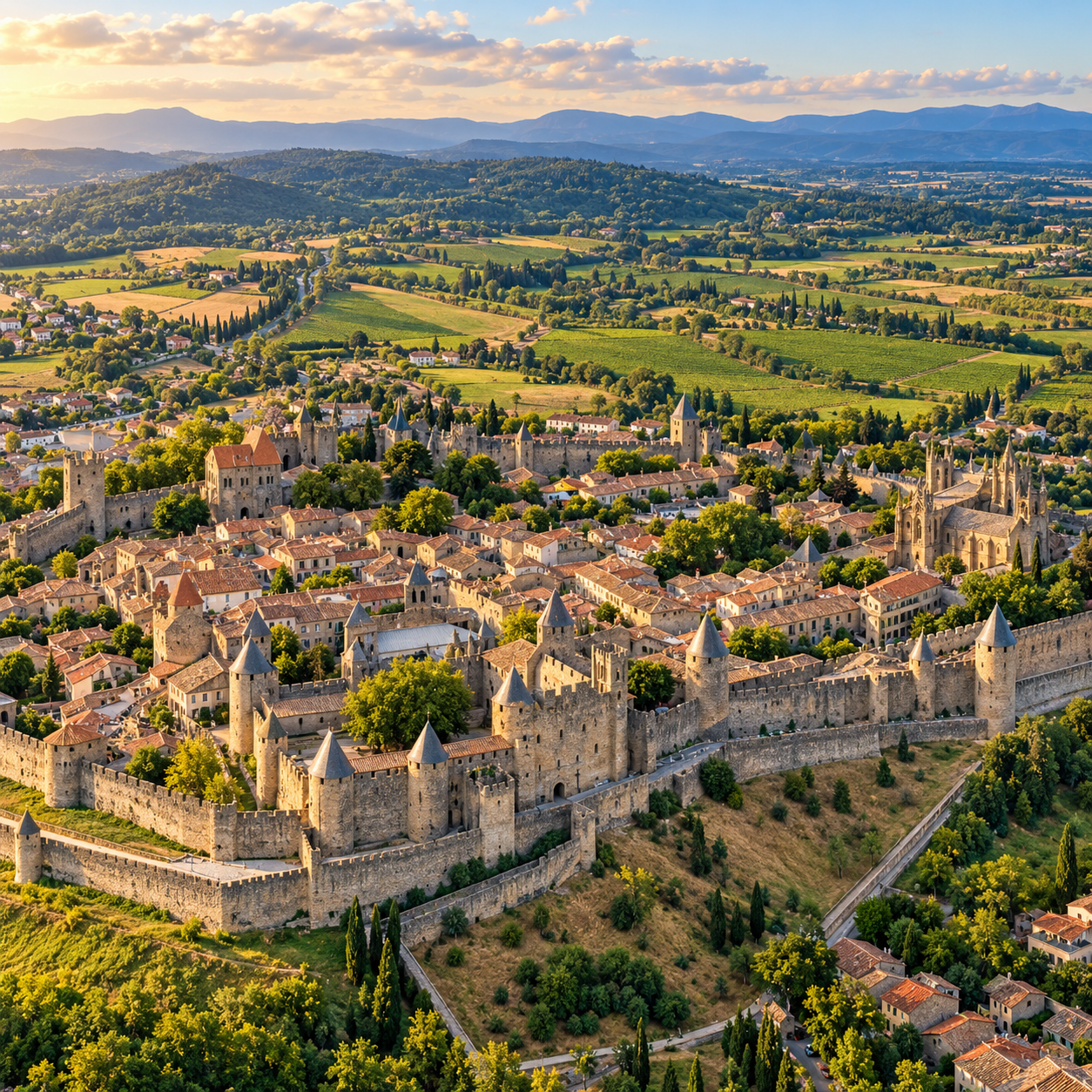 Medieval fortified city of Carcassonne in Occitanie, France, surrounded by vineyards and countryside.