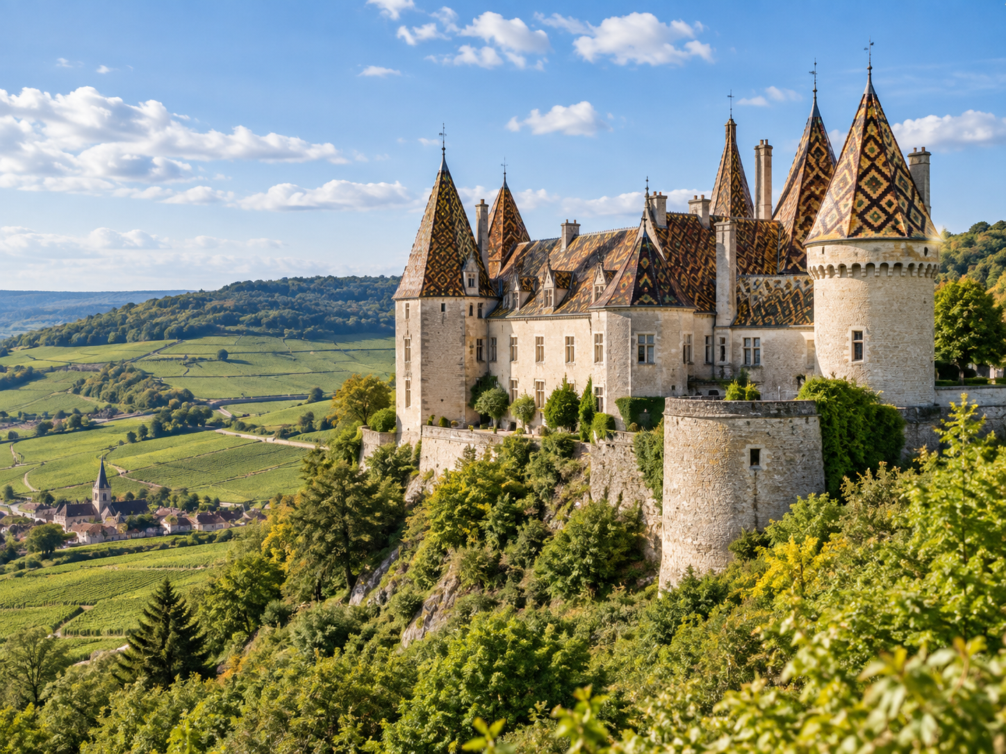 Château de La Rochepot overlooking the Burgundy countryside in France
