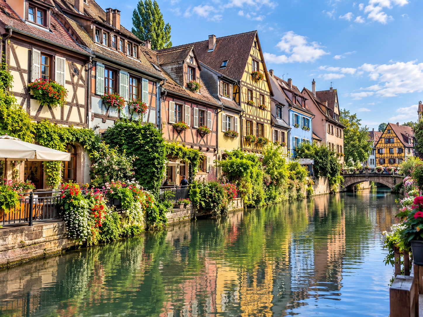 Colorful half-timbered houses along the canal in Petite Venise, Colmar, Alsace