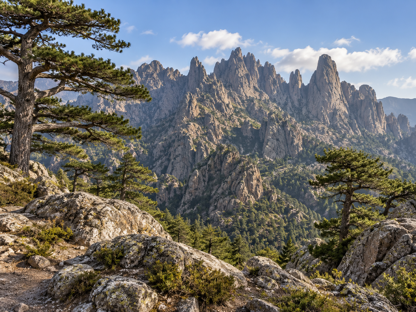 Aiguilles de Bavella mountain peaks and pine trees in southern Corsica