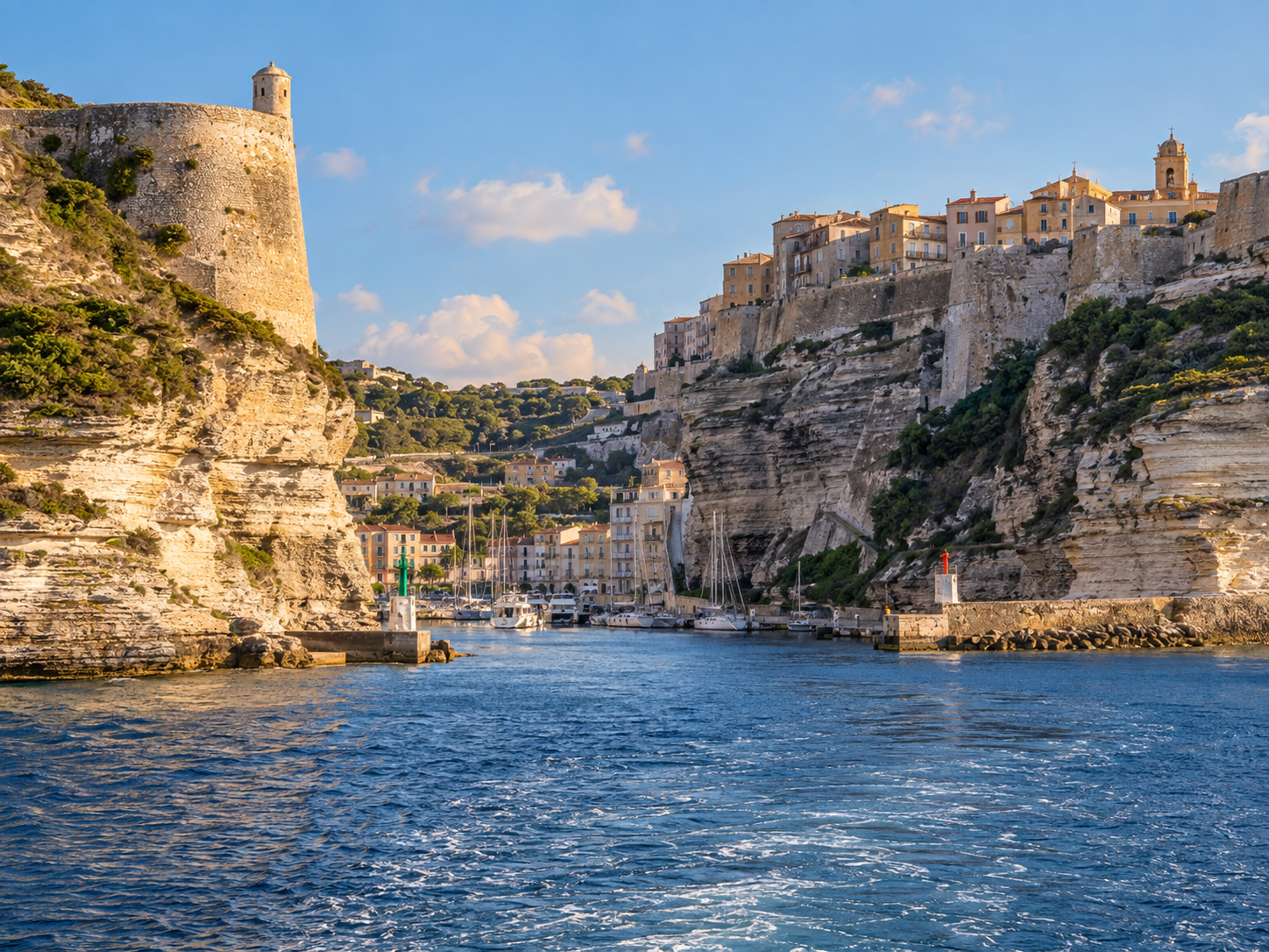 Bonifacio harbour below the historic citadel and limestone cliffs in southern Corsica