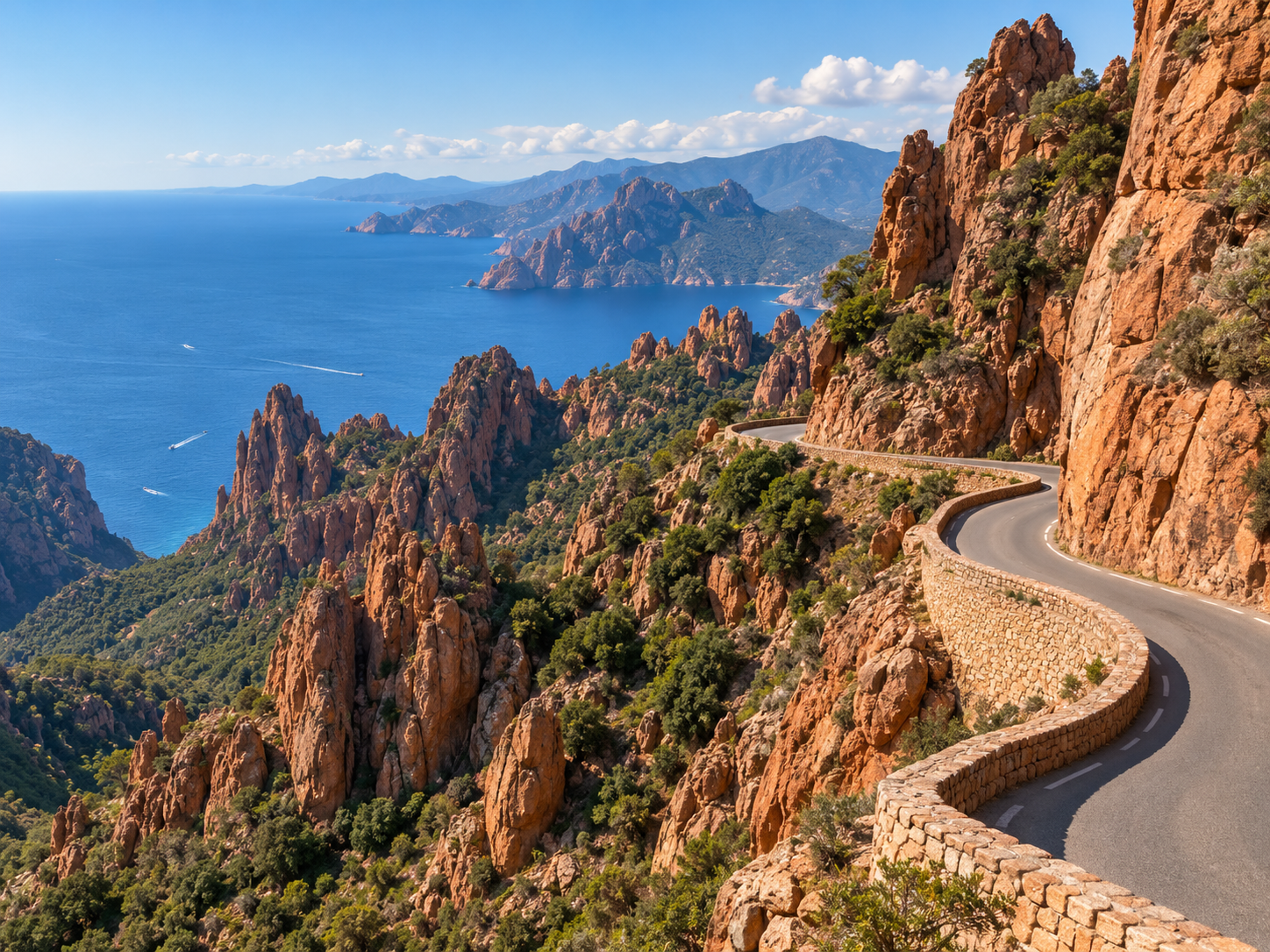Winding road through the red granite Calanques de Piana above the Mediterranean Sea in Corsica