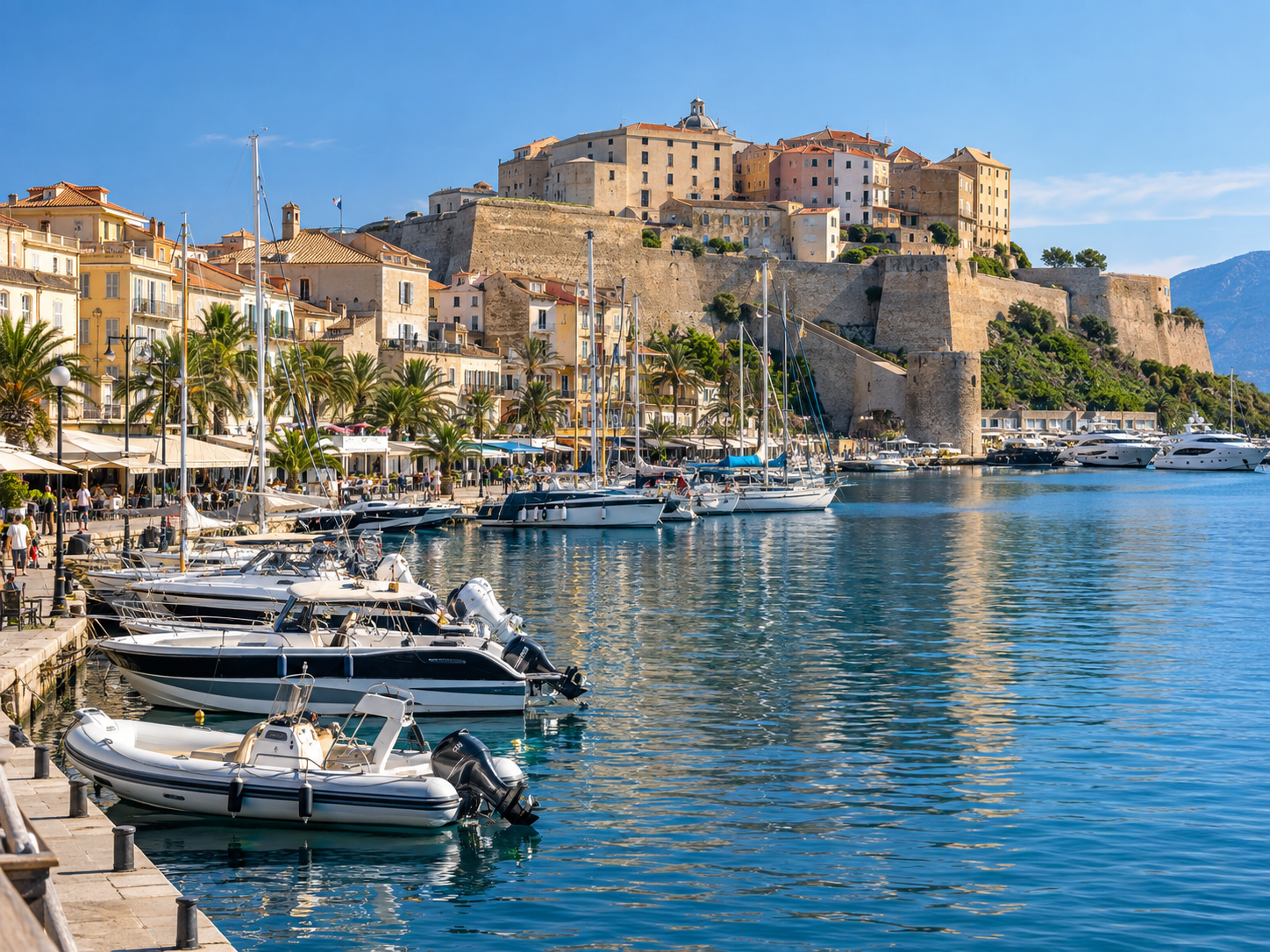 Calvi marina with boats and the historic citadel overlooking the harbour in Corsica
