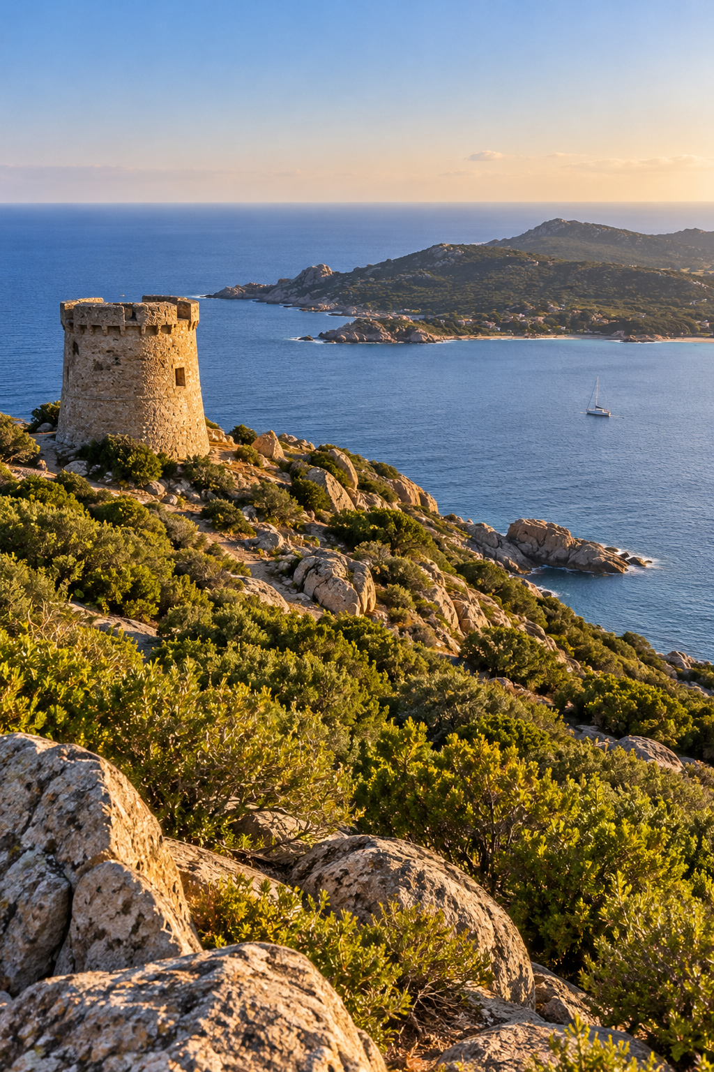 Genoese tower of Campomoro overlooking the Mediterranean coast in southern Corsica