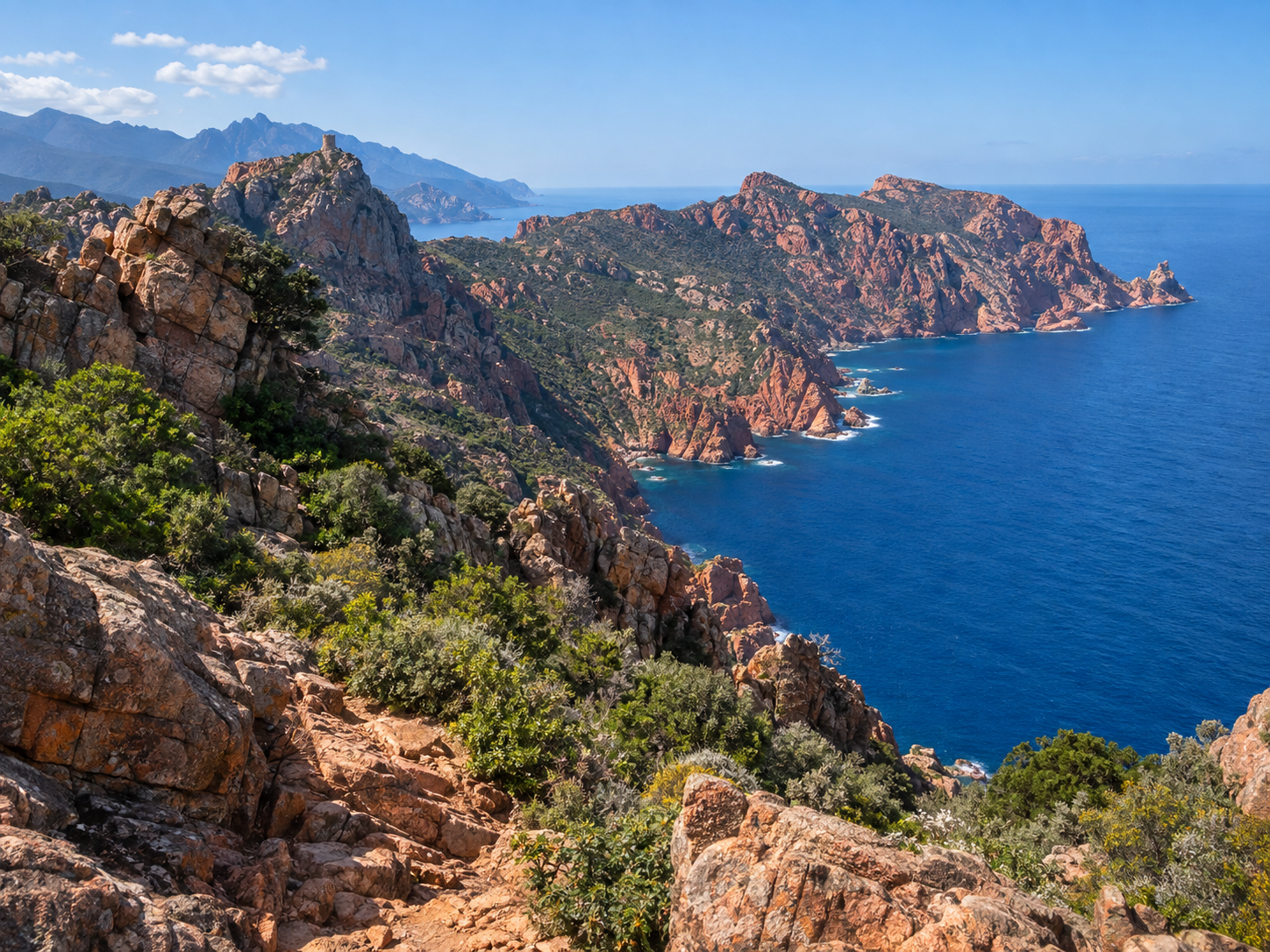 Red granite coastline around Capo Rosso near Piana overlooking the Mediterranean Sea in Corsica