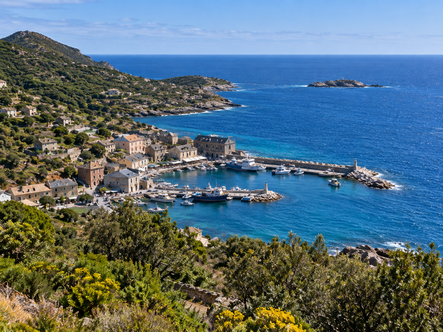 Port of Centuri surrounded by stone houses and Mediterranean coastline in Cap Corse