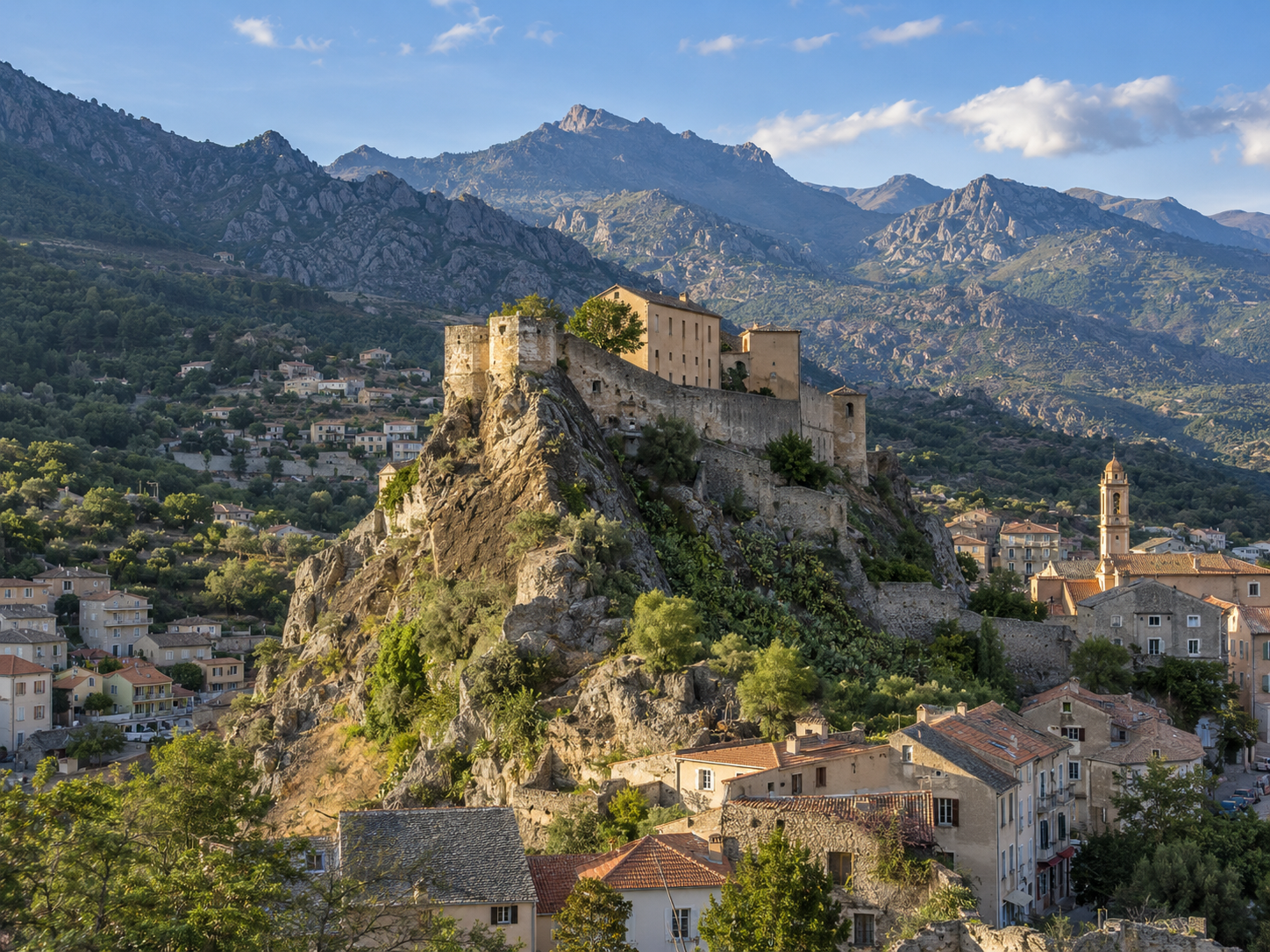 Corte citadel perched on a rocky promontory surrounded by the mountains of central Corsica