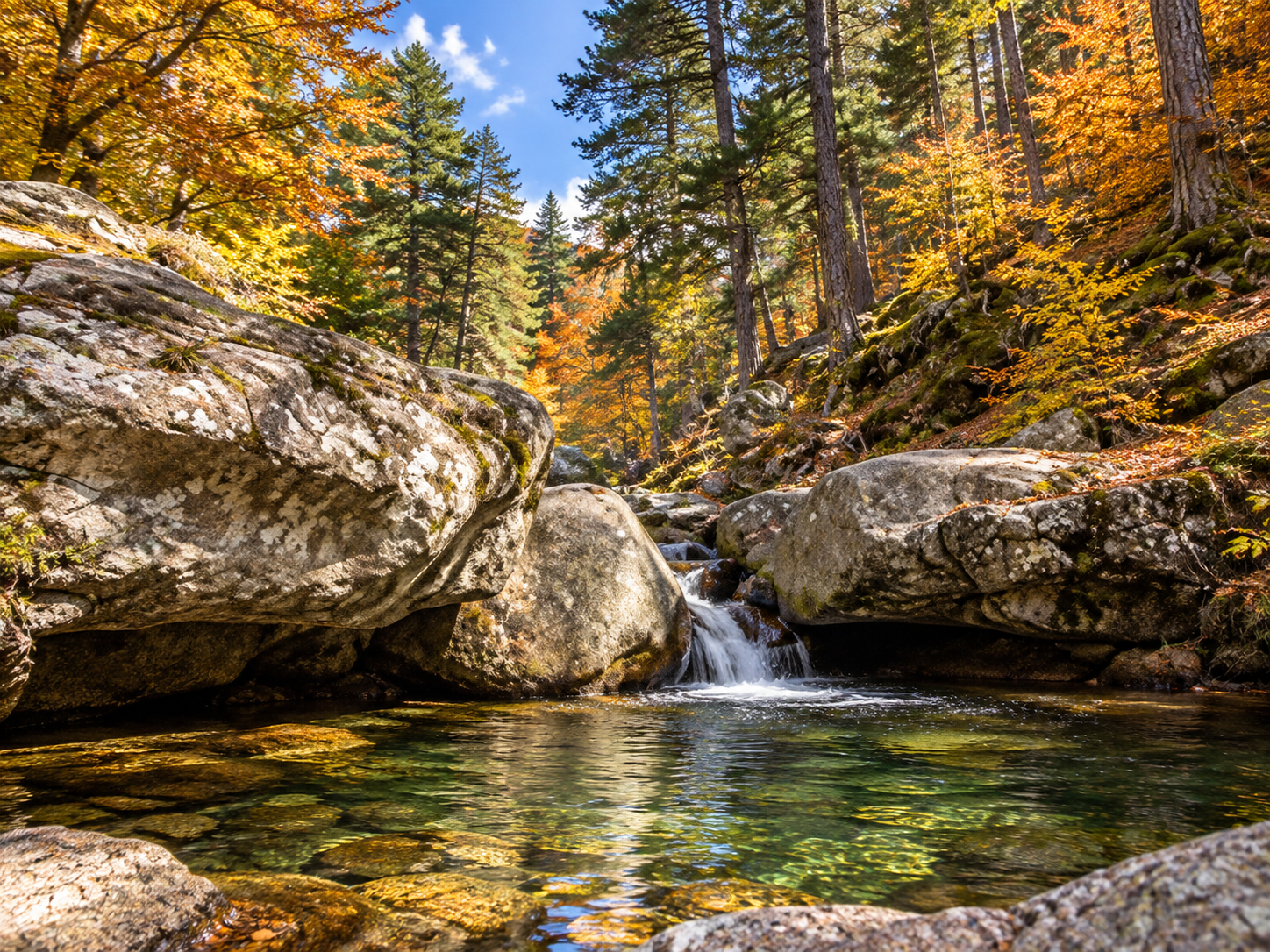 Autumn colours and natural pools in the Aïtone Forest near Évisa in Corsica