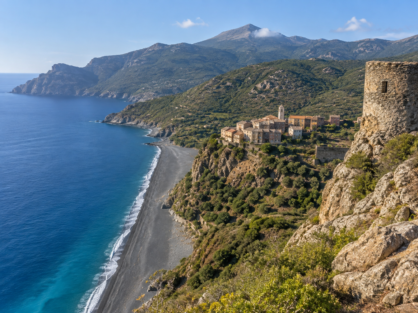 Nonza village and dark pebble beach seen from the historic tower in Cap Corse