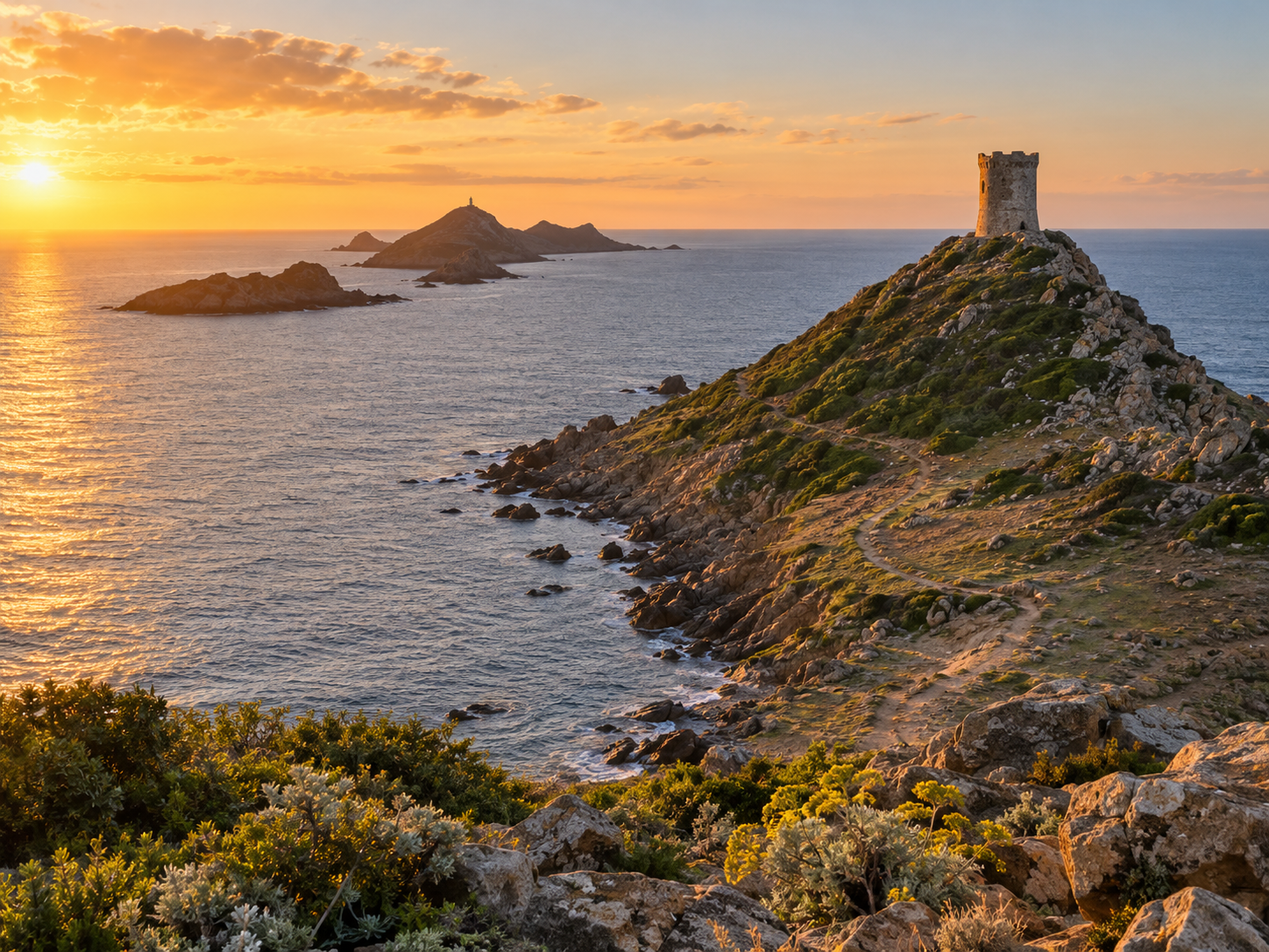 Pointe de la Parata and the Sanguinaires Islands at sunset near Ajaccio in Corsica