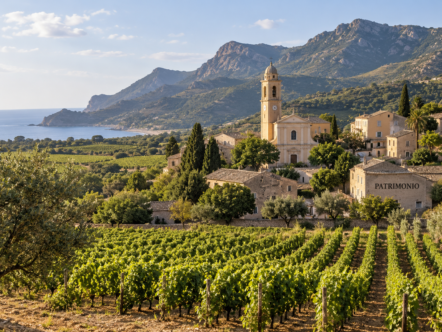 Vineyards surrounding the village and church of Patrimonio in northern Corsica