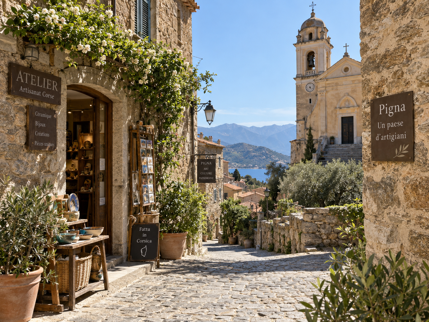 Artisan workshop and stone street in the village of Pigna in Balagne, Corsica