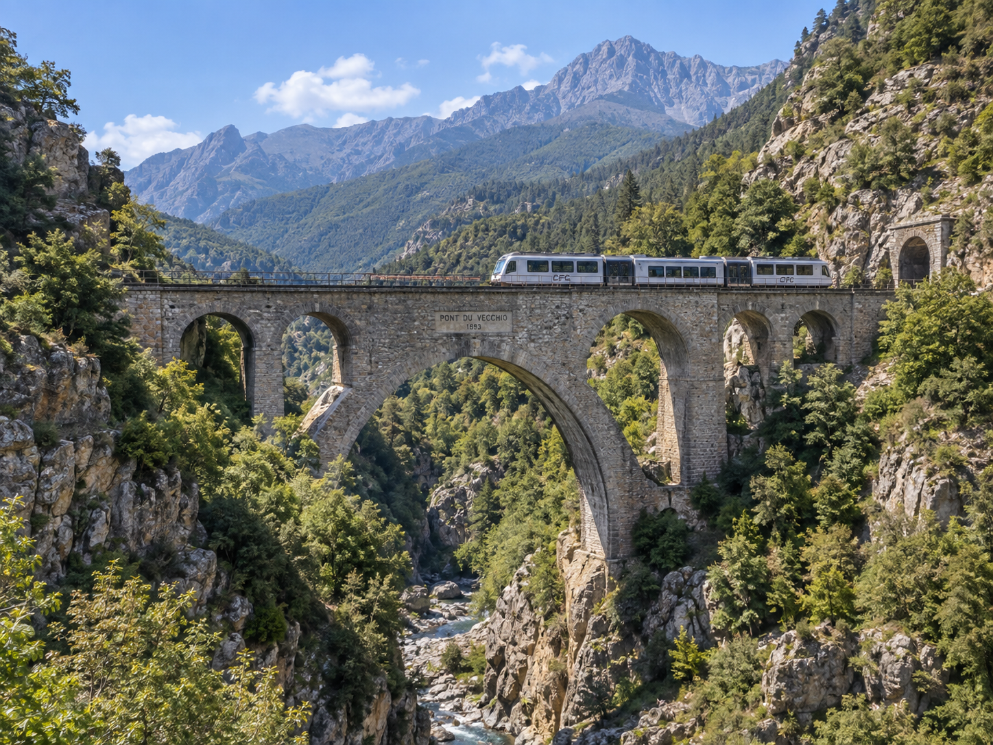 Corsican train crossing the Pont du Vecchio railway viaduct near Vivario