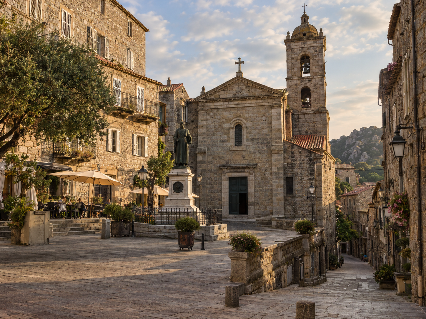 Historic stone buildings and church in the old town of Sartène in Corsica