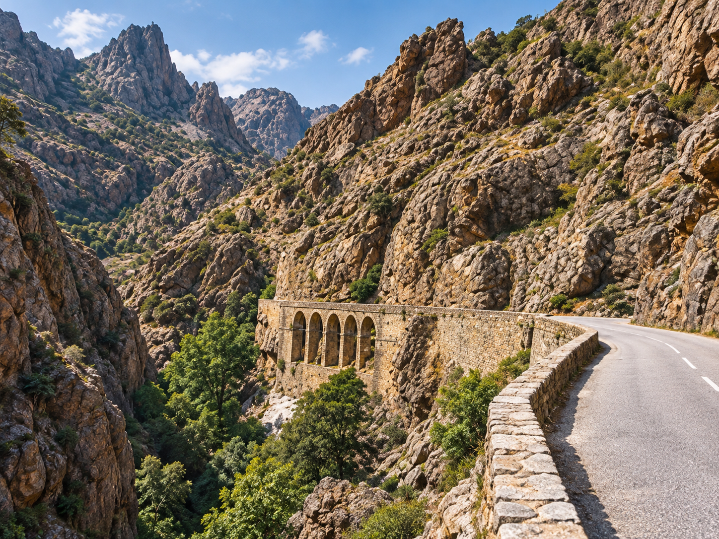 Winding D84 road through the rocky Scala di Santa Regina gorge in central Corsica