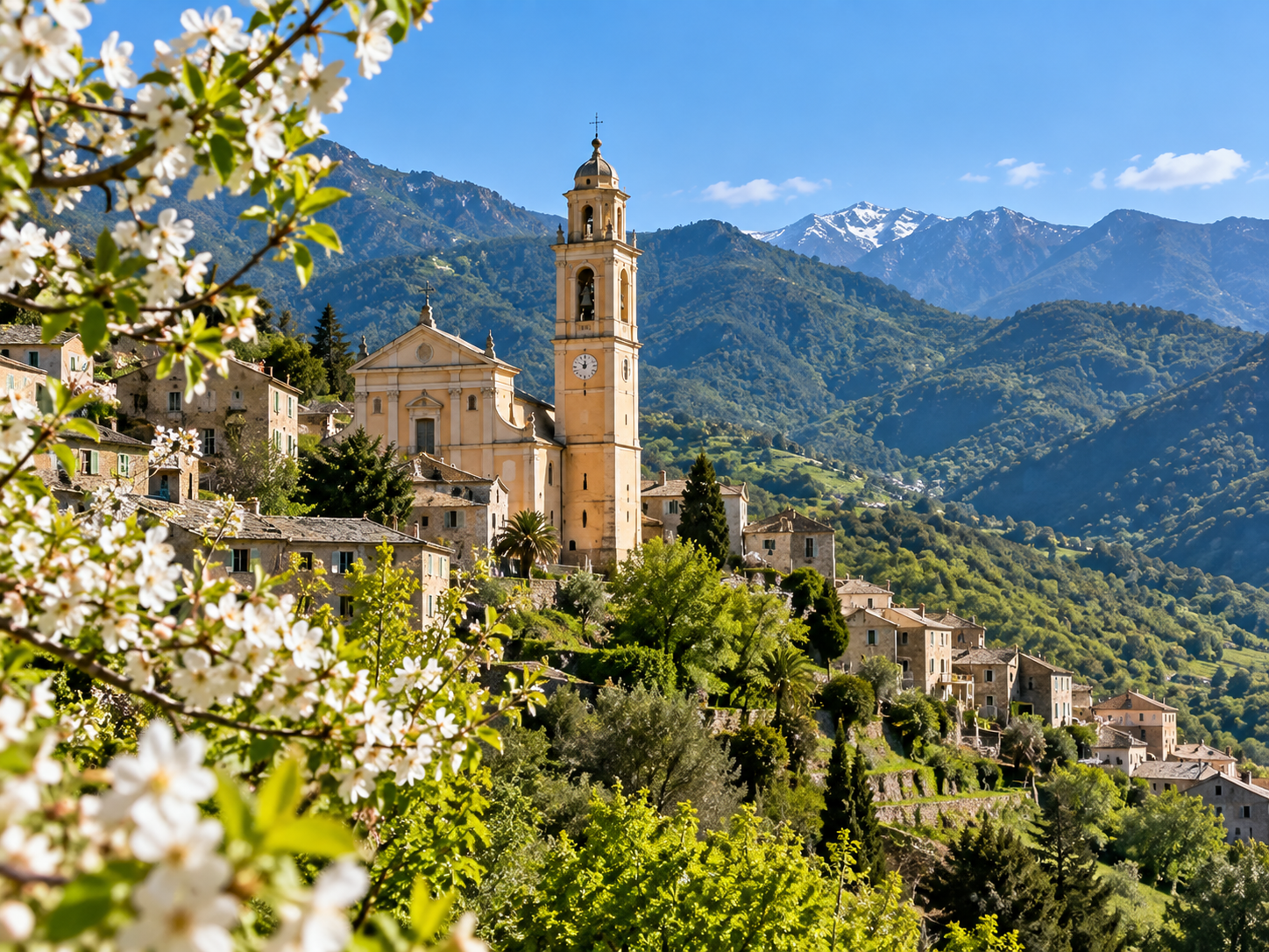 La Porta village and Saint-Jean-Baptiste church in green Castagniccia during spring