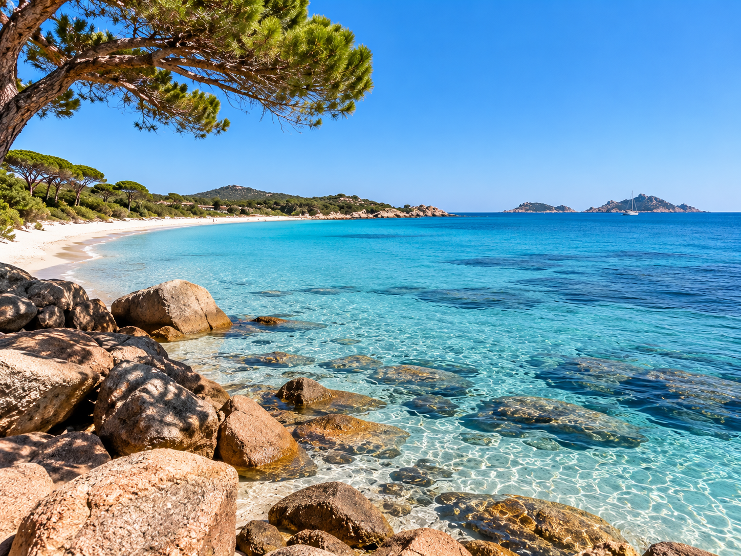 Palombaggia Beach near Porto-Vecchio with turquoise water, umbrella pines and the Cerbicale Islands
