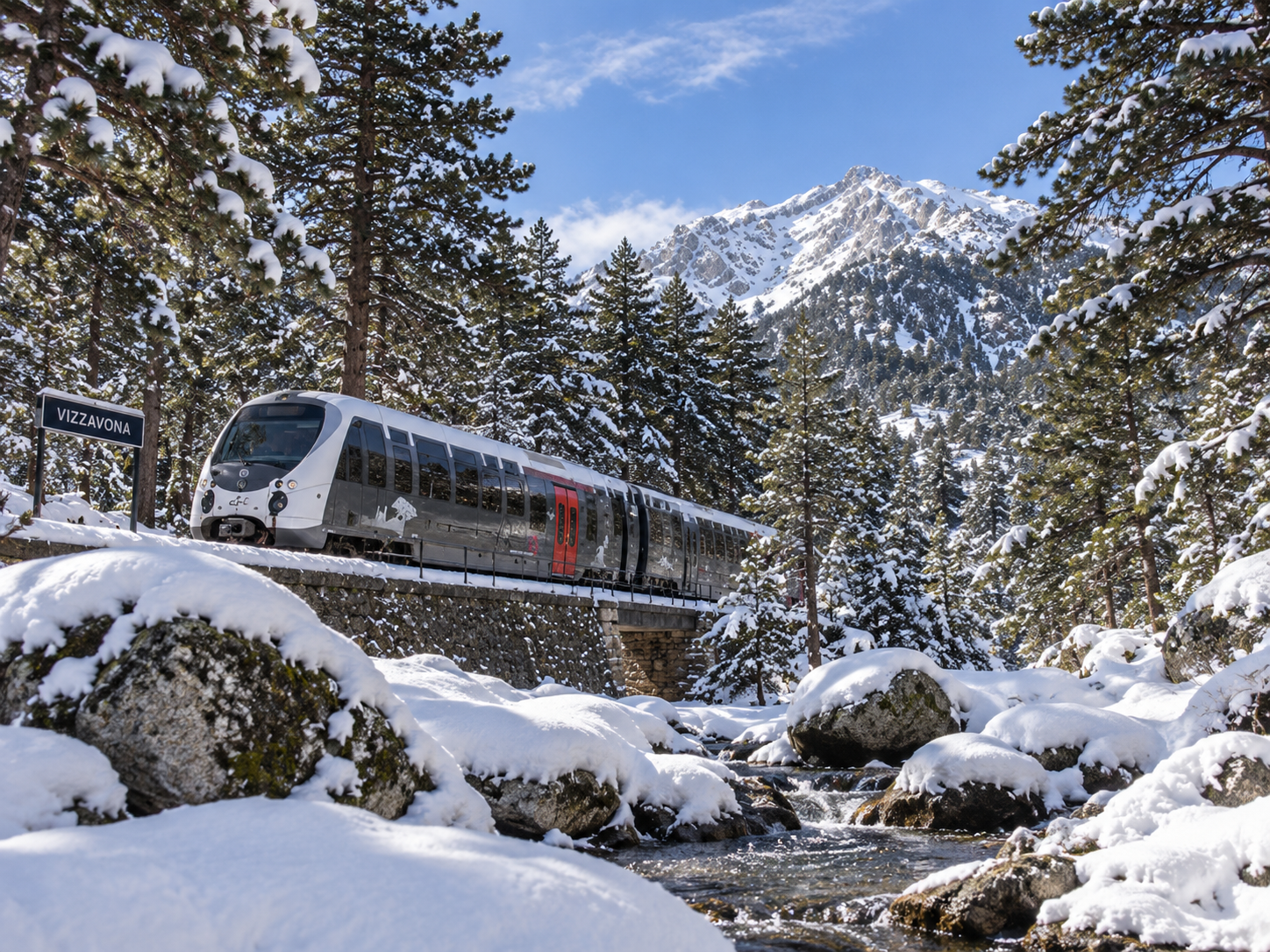 Corsican train passing through snowy Vizzavona in the mountains of central Corsica