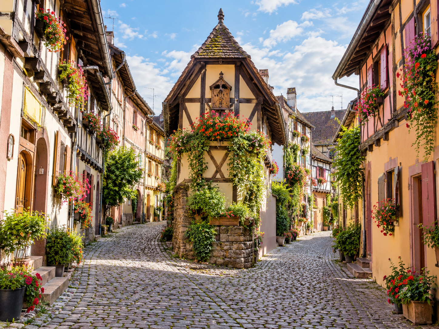 Colorful half-timbered houses and cobbled street in Eguisheim, Alsace, France
