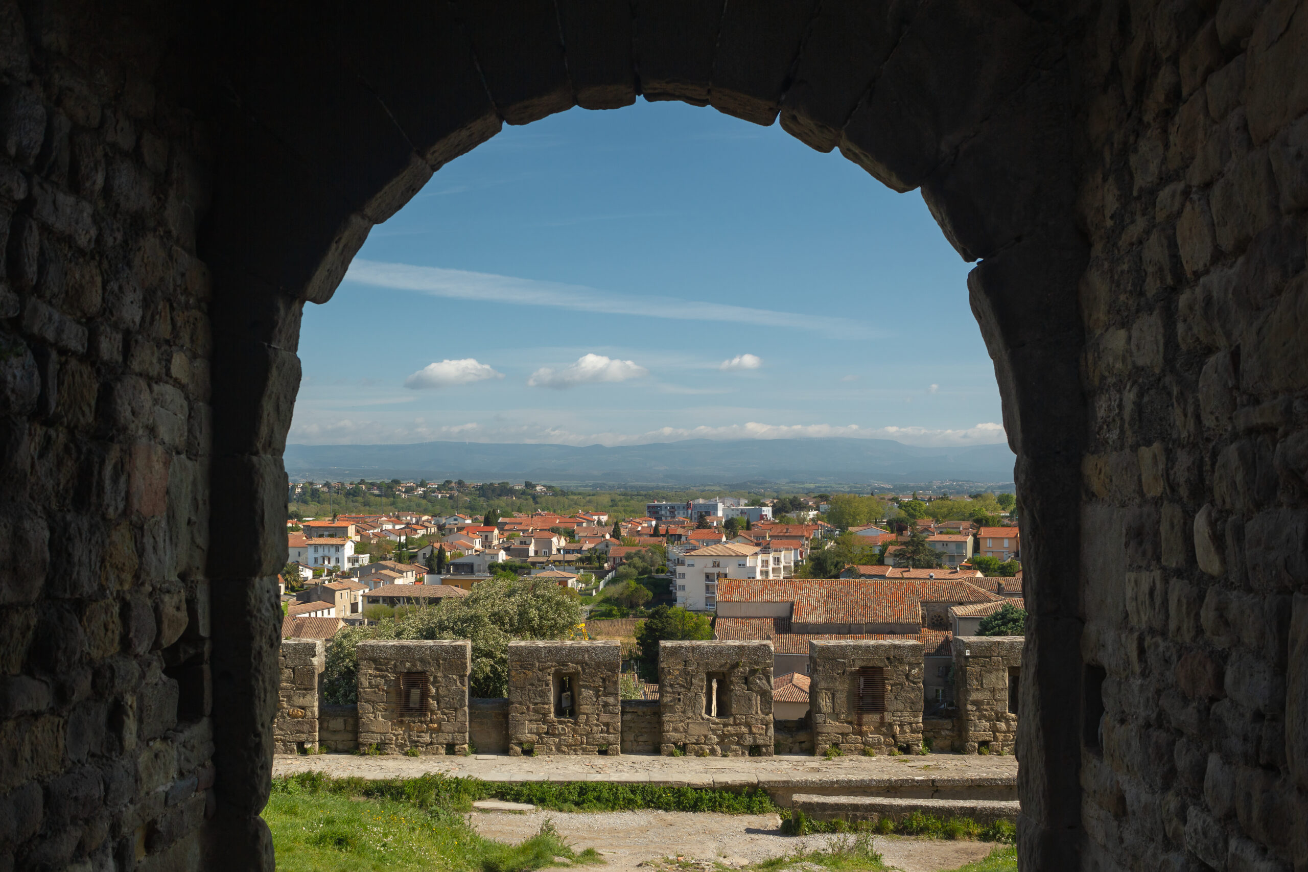View through an arch from the Tour de Samson in Carcassonne