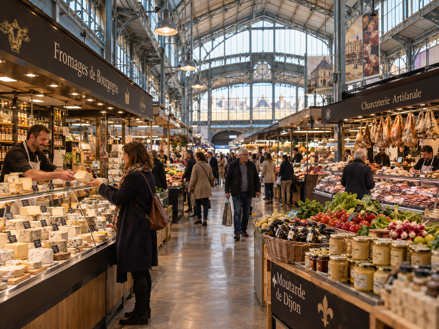 Food stalls inside Les Halles centrales de Dijon in Burgundy, France