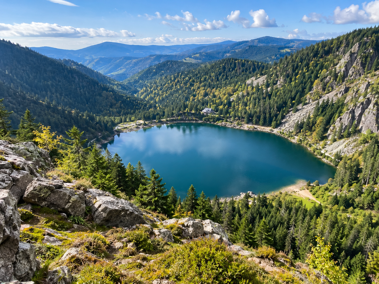 Lac Blanc surrounded by forested mountains in the Vosges, Alsace, France