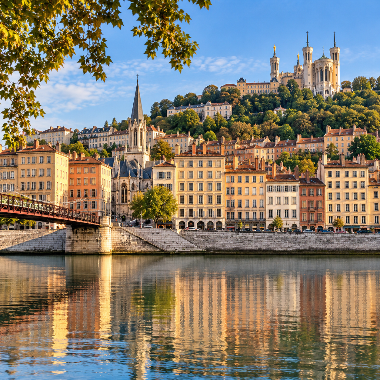 Lyon waterfront with historic buildings and the Basilica of Notre-Dame de Fourvière overlooking the city.