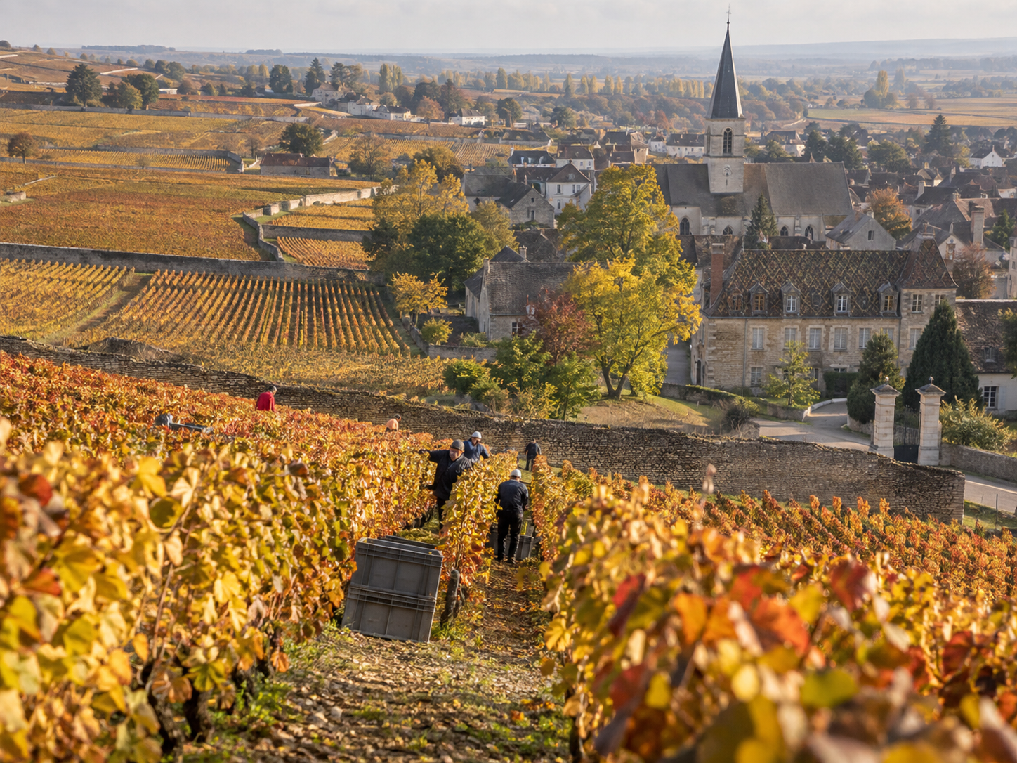 Autumn vineyards and harvest season around Meursault in Burgundy, France