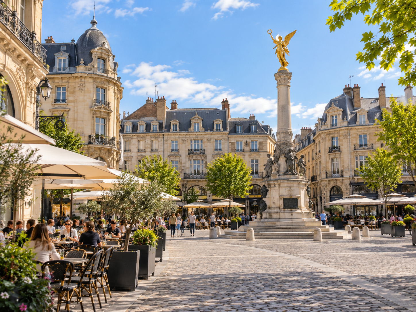 Place du Forum with historic architecture and café terraces in Reims, France