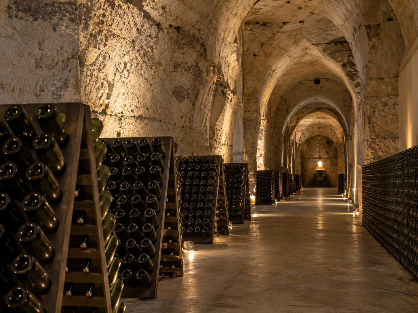 Champagne bottles stored in historic chalk cellars beneath Reims, France