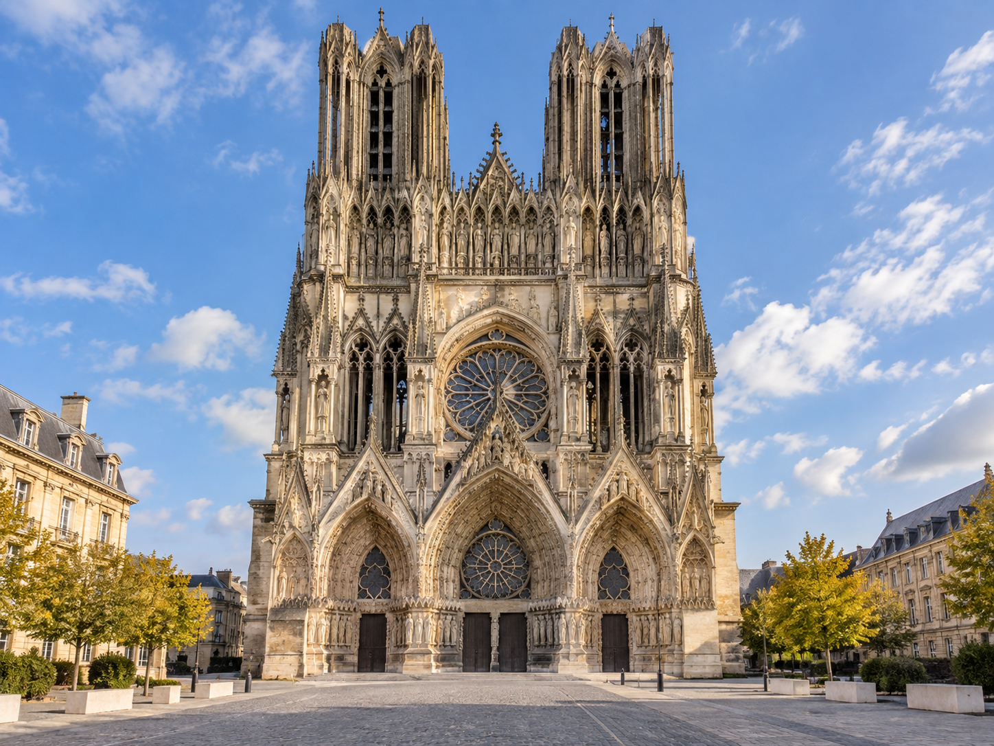 Notre-Dame Cathedral of Reims viewed from Place du Cardinal Luçon in Champagne, France