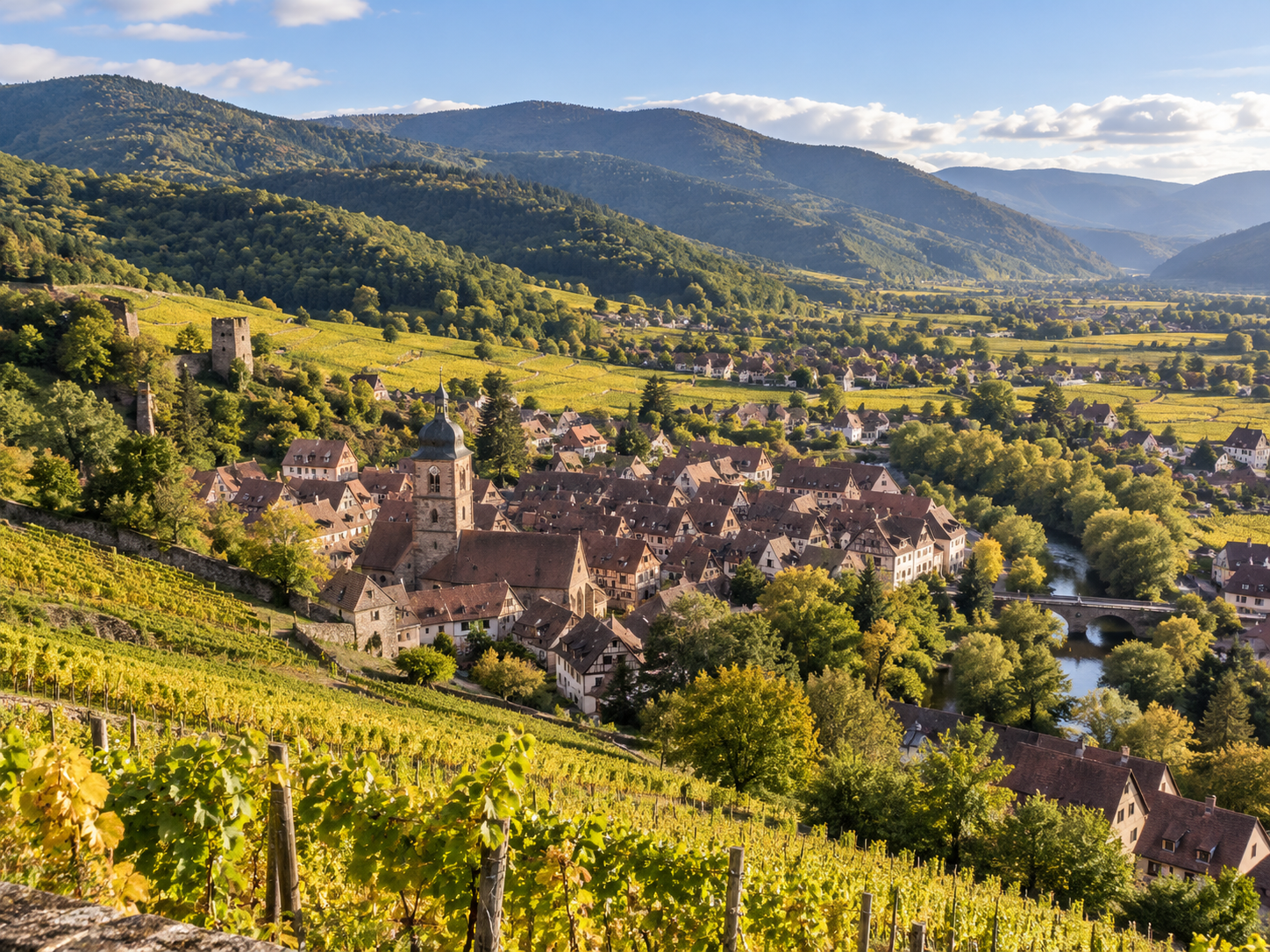 Ribeauvillé surrounded by vineyards with the Three Castles rising above the village in Alsace