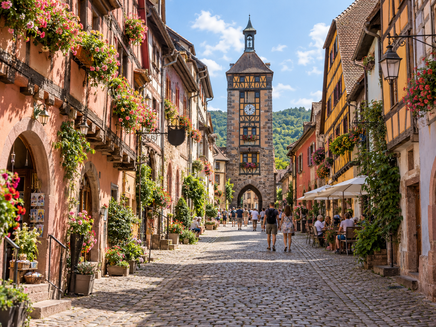 Rue du Général-de-Gaulle leading to the Dolder tower in Riquewihr, Alsace