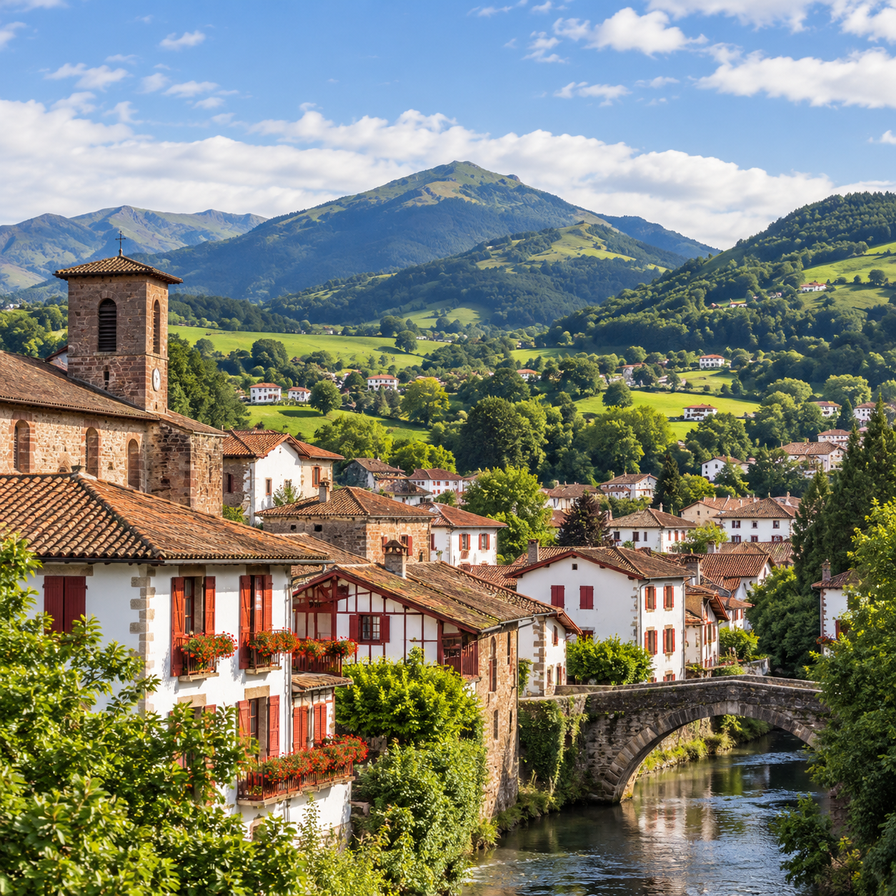 Saint-Jean-Pied-de-Port in the French Basque Country with traditional houses, river and Pyrenees mountains.