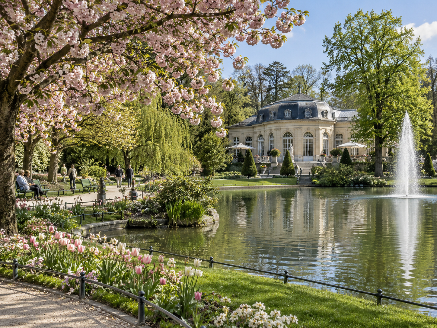 Spring blossoms around the Pavillon Joséphine in Parc de l’Orangerie, Strasbourg