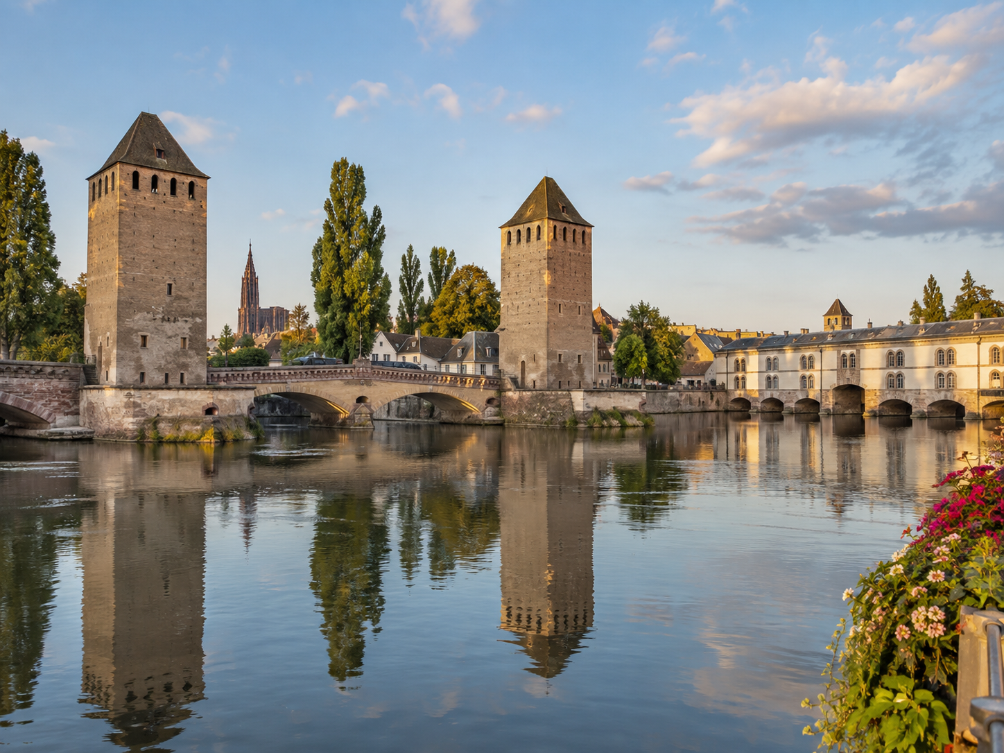 Ponts Couverts and Barrage Vauban reflected in the waterways of Strasbourg, Alsace